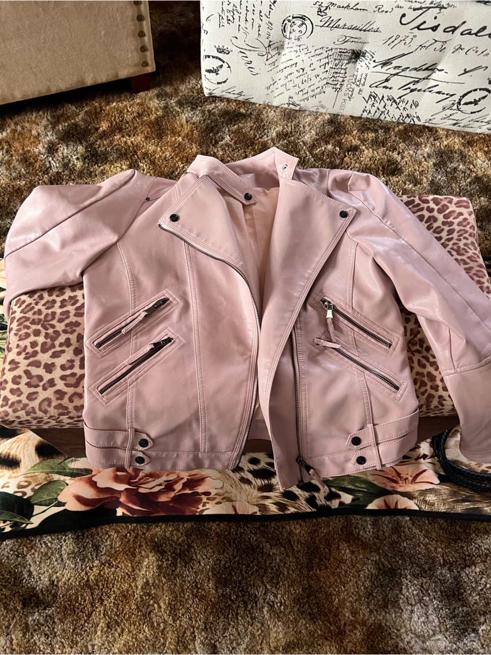 Women’s Pink Faux Leather Moto Jacket, Sz. Small